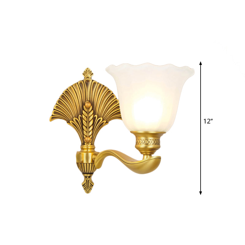 Scalloped Bedroom Sconce Lamp Colonial Style Milk Glass and Metal 1/2-Light Gold Finish Wall Light Fixture Clearhalo 'Wall Lamps & Sconces' 'Wall Lights' Lighting' 270089