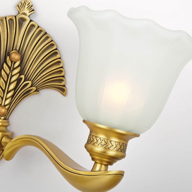 Scalloped Bedroom Sconce Lamp Colonial Style Milk Glass and Metal 1/2-Light Gold Finish Wall Light Fixture Clearhalo 'Wall Lamps & Sconces' 'Wall Lights' Lighting' 270090