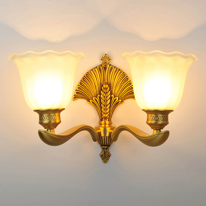 Scalloped Bedroom Sconce Lamp Colonial Style Milk Glass and Metal 1/2-Light Gold Finish Wall Light Fixture 2.0 Gold Clearhalo 'Wall Lamps & Sconces' 'Wall Lights' Lighting' 270091