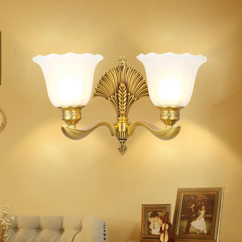 Scalloped Bedroom Sconce Lamp Colonial Style Milk Glass and Metal 1/2-Light Gold Finish Wall Light Fixture Clearhalo 'Wall Lamps & Sconces' 'Wall Lights' Lighting' 270092