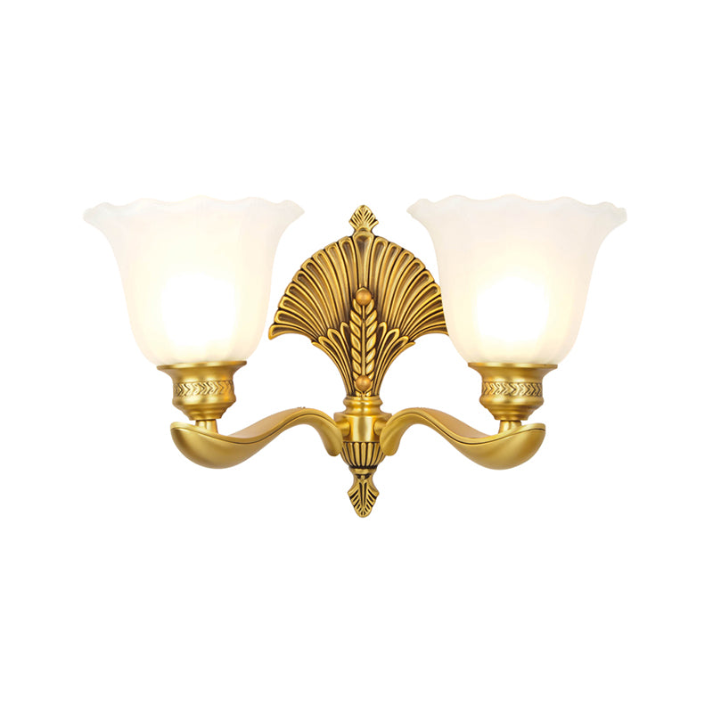 Scalloped Bedroom Sconce Lamp Colonial Style Milk Glass and Metal 1/2-Light Gold Finish Wall Light Fixture Clearhalo 'Wall Lamps & Sconces' 'Wall Lights' Lighting' 270094