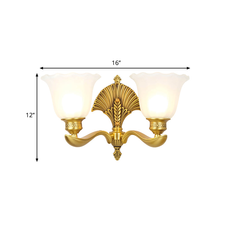 Scalloped Bedroom Sconce Lamp Colonial Style Milk Glass and Metal 1/2-Light Gold Finish Wall Light Fixture Clearhalo 'Wall Lamps & Sconces' 'Wall Lights' Lighting' 270095