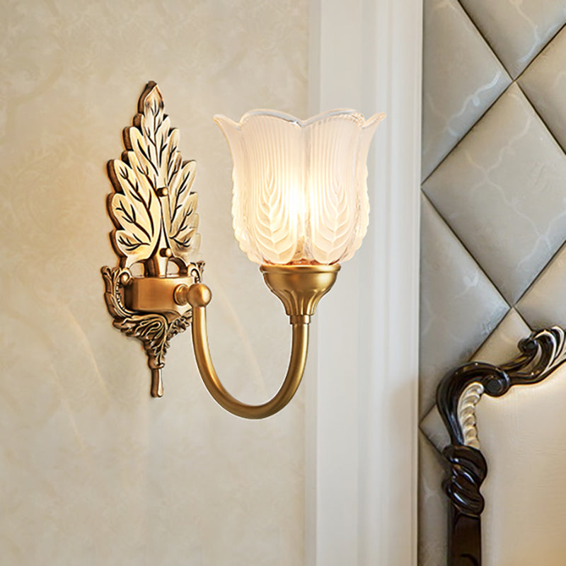 Golden Leaf Wall Sconce Light Antique Style Metal 1/2-Light Bedroom Wall Lamp with Frosted Glass Bell Shade 1.0 Gold Clearhalo 'Wall Lamps & Sconces' 'Wall Lights' Lighting' 270097