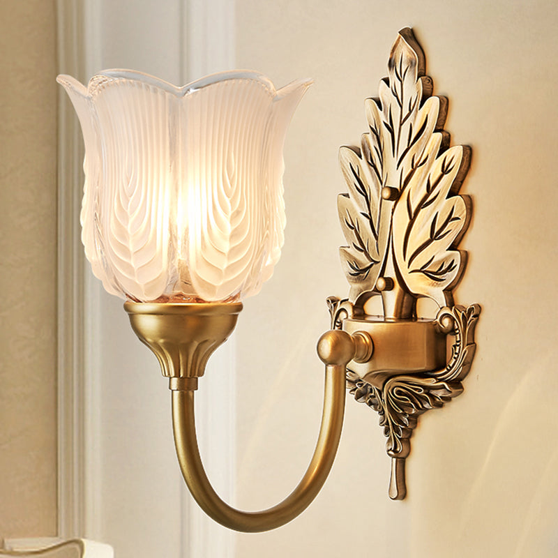 Golden Leaf Wall Sconce Light Antique Style Metal 1/2-Light Bedroom Wall Lamp with Frosted Glass Bell Shade Clearhalo 'Wall Lamps & Sconces' 'Wall Lights' Lighting' 270098