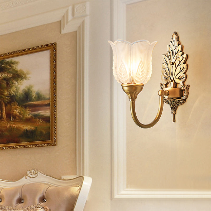 Golden Leaf Wall Sconce Light Antique Style Metal 1/2-Light Bedroom Wall Lamp with Frosted Glass Bell Shade Clearhalo 'Wall Lamps & Sconces' 'Wall Lights' Lighting' 270099