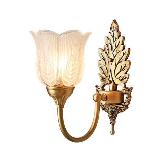 Golden Leaf Wall Sconce Light Antique Style Metal 1/2-Light Bedroom Wall Lamp with Frosted Glass Bell Shade Clearhalo 'Wall Lamps & Sconces' 'Wall Lights' Lighting' 270100