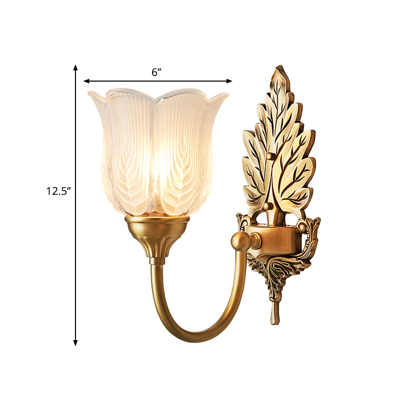 Golden Leaf Wall Sconce Light Antique Style Metal 1/2-Light Bedroom Wall Lamp with Frosted Glass Bell Shade Clearhalo 'Wall Lamps & Sconces' 'Wall Lights' Lighting' 270101