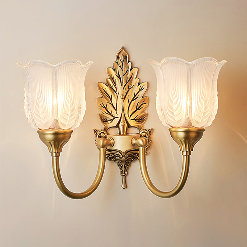 Golden Leaf Wall Sconce Light Antique Style Metal 1/2-Light Bedroom Wall Lamp with Frosted Glass Bell Shade 2.0 Gold Clearhalo 'Wall Lamps & Sconces' 'Wall Lights' Lighting' 270103