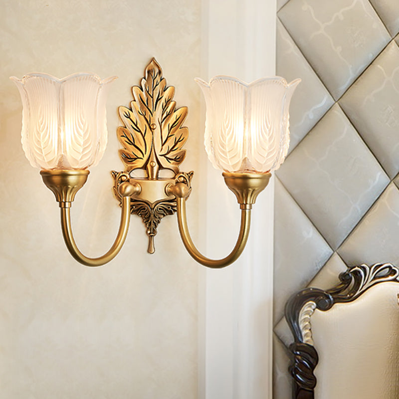 Golden Leaf Wall Sconce Light Antique Style Metal 1/2-Light Bedroom Wall Lamp with Frosted Glass Bell Shade Clearhalo 'Wall Lamps & Sconces' 'Wall Lights' Lighting' 270104