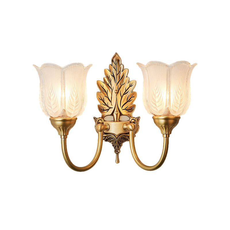 Golden Leaf Wall Sconce Light Antique Style Metal 1/2-Light Bedroom Wall Lamp with Frosted Glass Bell Shade Clearhalo 'Wall Lamps & Sconces' 'Wall Lights' Lighting' 270106