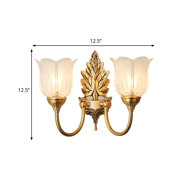 Golden Leaf Wall Sconce Light Antique Style Metal 1/2-Light Bedroom Wall Lamp with Frosted Glass Bell Shade Clearhalo 'Wall Lamps & Sconces' 'Wall Lights' Lighting' 270107