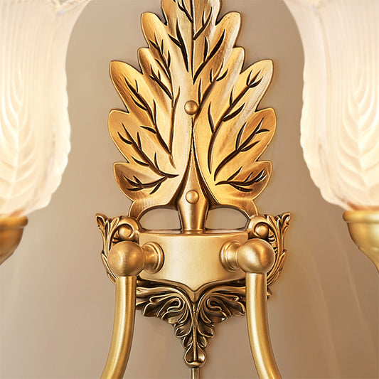 Golden Leaf Wall Sconce Light Antique Style Metal 1/2-Light Bedroom Wall Lamp with Frosted Glass Bell Shade Clearhalo 'Wall Lamps & Sconces' 'Wall Lights' Lighting' 270108