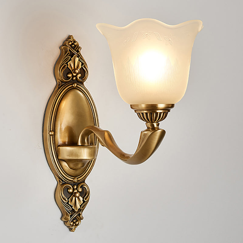 Flower Opal Glass Wall Lighting Vintage Style 1/2-Light Bedroom Wall Mounted Lamp with Golden Metal Arm Clearhalo 'Wall Lamps & Sconces' 'Wall Lights' Lighting' 270110