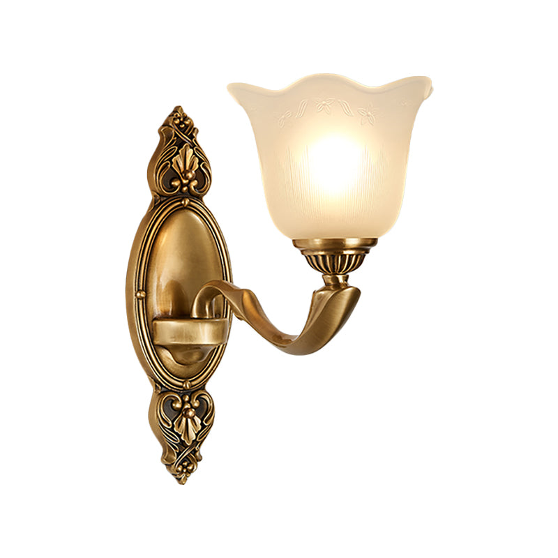 Flower Opal Glass Wall Lighting Vintage Style 1/2-Light Bedroom Wall Mounted Lamp with Golden Metal Arm Clearhalo 'Wall Lamps & Sconces' 'Wall Lights' Lighting' 270112