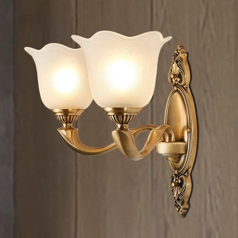 Flower Opal Glass Wall Lighting Vintage Style 1/2-Light Bedroom Wall Mounted Lamp with Golden Metal Arm 2.0 Brass Clearhalo 'Wall Lamps & Sconces' 'Wall Lights' Lighting' 270115