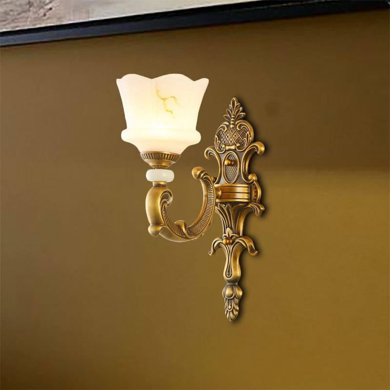 Vintage Style Petal Sconce Light Fixture 1/2-Light Opal Glass Wall Mounted Lamp in Brass for Bedroom 1.0 Brass Clearhalo 'Wall Lamps & Sconces' 'Wall Lights' Lighting' 270132