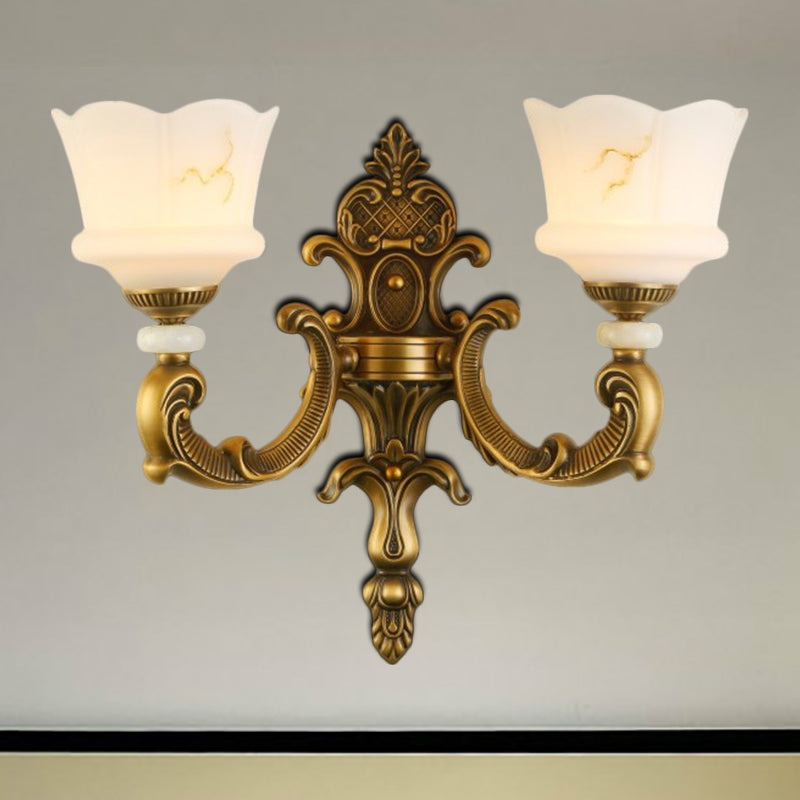 Vintage Style Petal Sconce Light Fixture 1/2-Light Opal Glass Wall Mounted Lamp in Brass for Bedroom 2.0 Brass Clearhalo 'Wall Lamps & Sconces' 'Wall Lights' Lighting' 270138