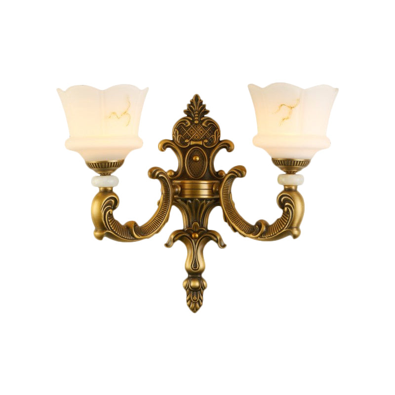 Vintage Style Petal Sconce Light Fixture 1/2-Light Opal Glass Wall Mounted Lamp in Brass for Bedroom Clearhalo 'Wall Lamps & Sconces' 'Wall Lights' Lighting' 270141