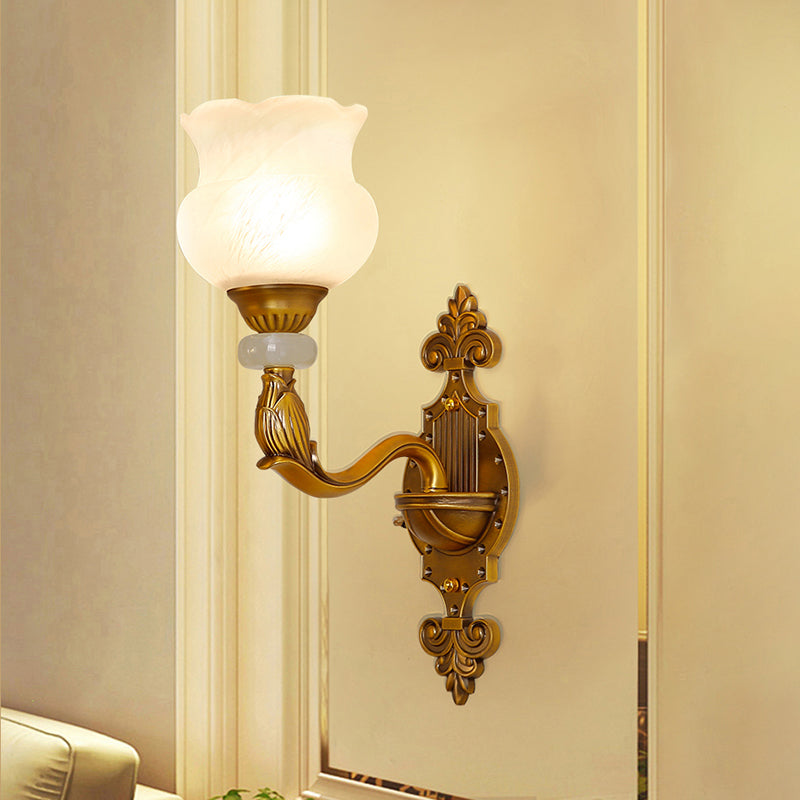 1/2-Bulb Floral Wall Light Fixture Classic Style Milk Glass Sconce Lamp with Brass Carved Backplate 1.0 Brass Clearhalo 'Wall Lamps & Sconces' 'Wall Lights' Lighting' 270144