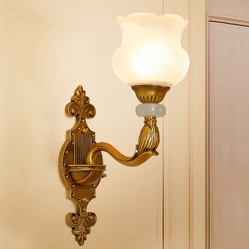 1/2-Bulb Floral Wall Light Fixture Classic Style Milk Glass Sconce Lamp with Brass Carved Backplate Clearhalo 'Wall Lamps & Sconces' 'Wall Lights' Lighting' 270145