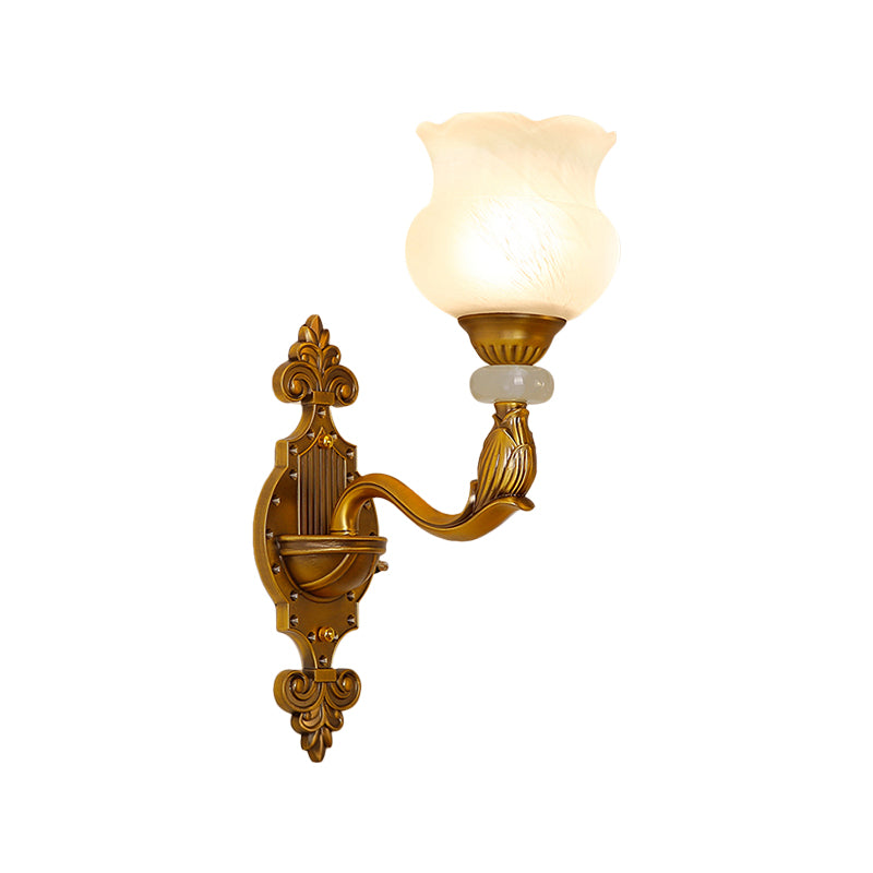 1/2-Bulb Floral Wall Light Fixture Classic Style Milk Glass Sconce Lamp with Brass Carved Backplate Clearhalo 'Wall Lamps & Sconces' 'Wall Lights' Lighting' 270147