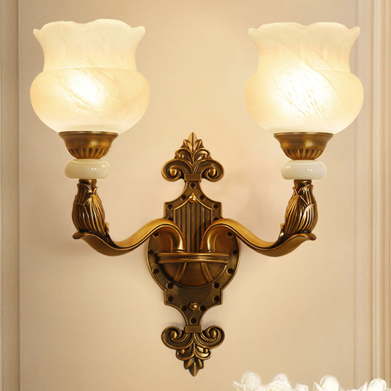 1/2-Bulb Floral Wall Light Fixture Classic Style Milk Glass Sconce Lamp with Brass Carved Backplate 2.0 Brass Clearhalo 'Wall Lamps & Sconces' 'Wall Lights' Lighting' 270149