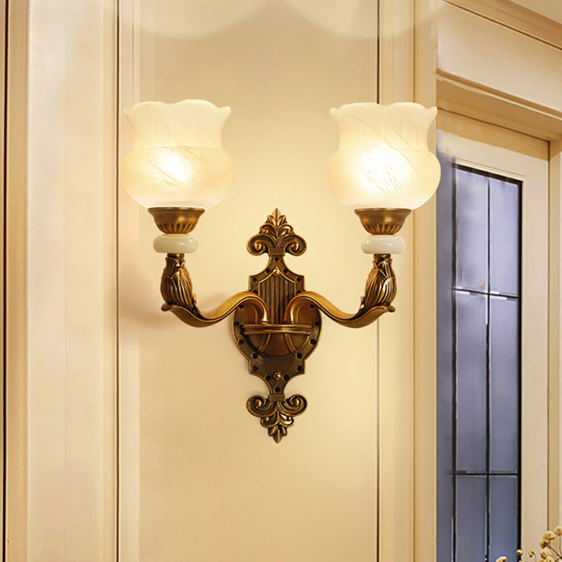 1/2-Bulb Floral Wall Light Fixture Classic Style Milk Glass Sconce Lamp with Brass Carved Backplate Clearhalo 'Wall Lamps & Sconces' 'Wall Lights' Lighting' 270150