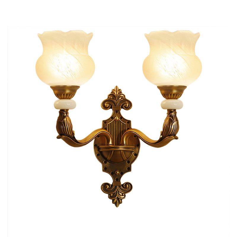 1/2-Bulb Floral Wall Light Fixture Classic Style Milk Glass Sconce Lamp with Brass Carved Backplate Clearhalo 'Wall Lamps & Sconces' 'Wall Lights' Lighting' 270152