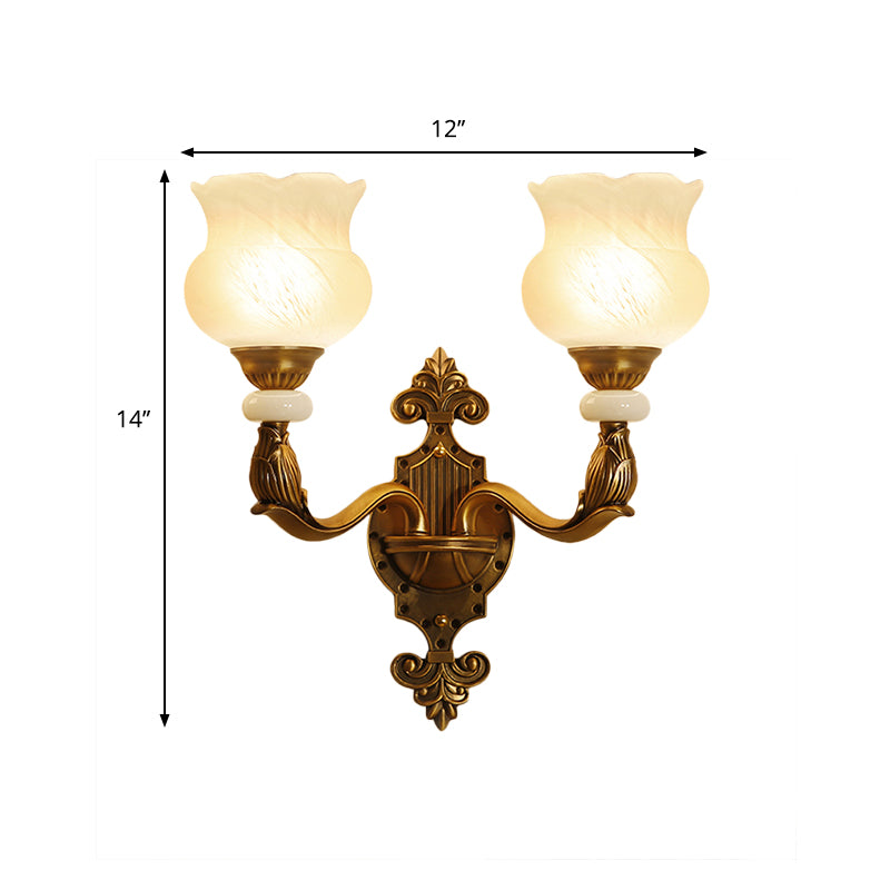 1/2-Bulb Floral Wall Light Fixture Classic Style Milk Glass Sconce Lamp with Brass Carved Backplate Clearhalo 'Wall Lamps & Sconces' 'Wall Lights' Lighting' 270153