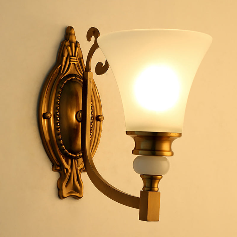 Flared Shade Bedroom Wall Lighting Vintage Style Frosted Glass 1/2-Light Brass Finish Wall Lamp Clearhalo 'Wall Lamps & Sconces' 'Wall Lights' Lighting' 270155