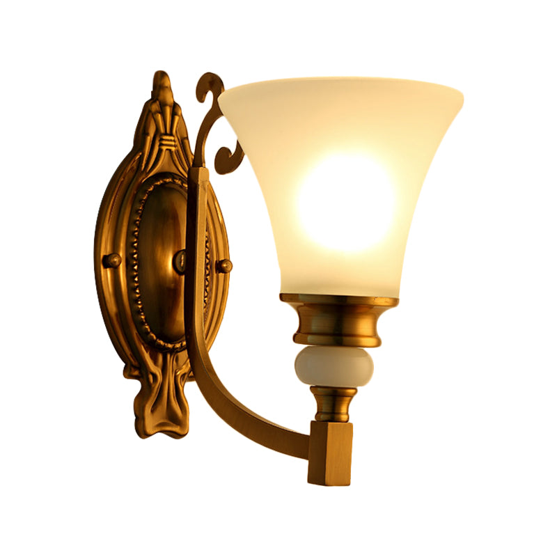 Flared Shade Bedroom Wall Lighting Vintage Style Frosted Glass 1/2-Light Brass Finish Wall Lamp Clearhalo 'Wall Lamps & Sconces' 'Wall Lights' Lighting' 270157