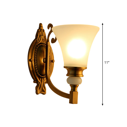 Flared Shade Bedroom Wall Lighting Vintage Style Frosted Glass 1/2-Light Brass Finish Wall Lamp Clearhalo 'Wall Lamps & Sconces' 'Wall Lights' Lighting' 270158