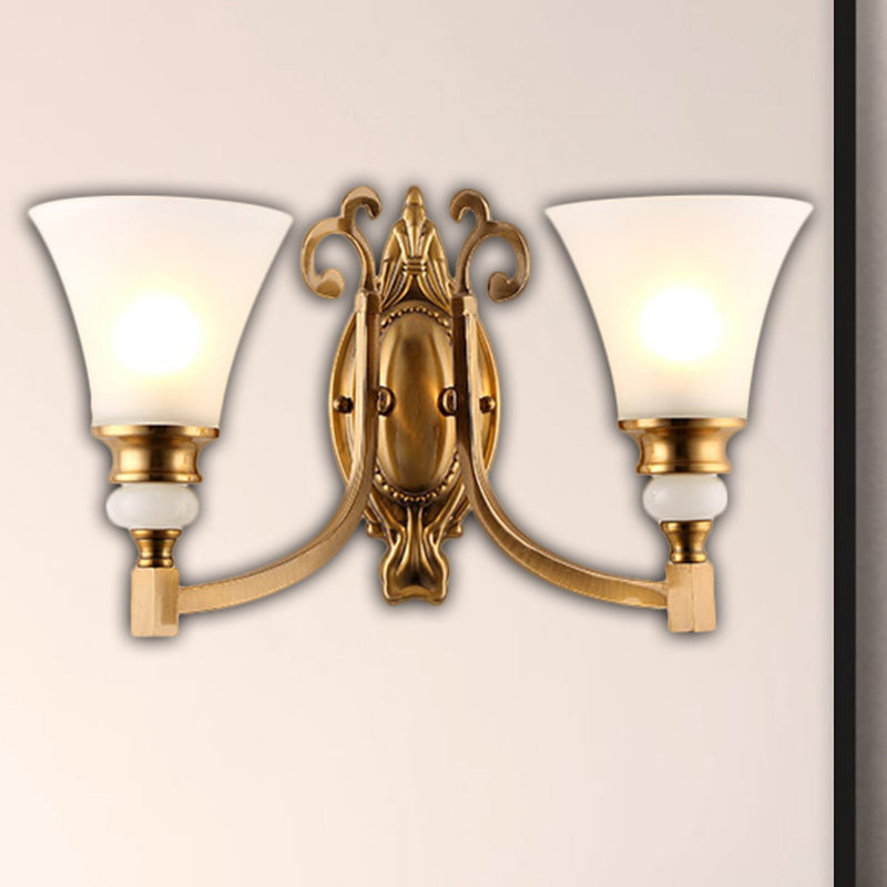 Flared Shade Bedroom Wall Lighting Vintage Style Frosted Glass 1/2-Light Brass Finish Wall Lamp 2.0 Brass Clearhalo 'Wall Lamps & Sconces' 'Wall Lights' Lighting' 270159