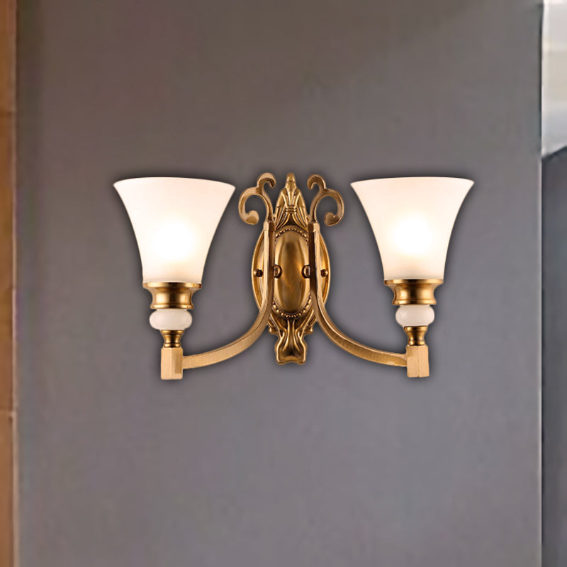 Flared Shade Bedroom Wall Lighting Vintage Style Frosted Glass 1/2-Light Brass Finish Wall Lamp Clearhalo 'Wall Lamps & Sconces' 'Wall Lights' Lighting' 270160