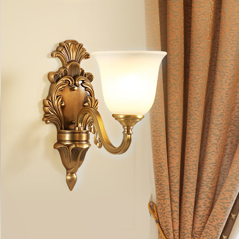 1/2-Bulb Bell Wall Mounted Light Traditional Style Milky Glass Sconce Lamp in Gold for Bedroom 1.0 Gold Clearhalo 'Wall Lamps & Sconces' 'Wall Lights' Lighting' 270185