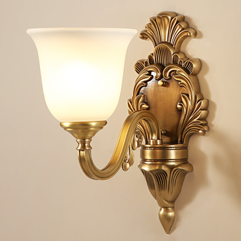 1/2-Bulb Bell Wall Mounted Light Traditional Style Milky Glass Sconce Lamp in Gold for Bedroom Clearhalo 'Wall Lamps & Sconces' 'Wall Lights' Lighting' 270186