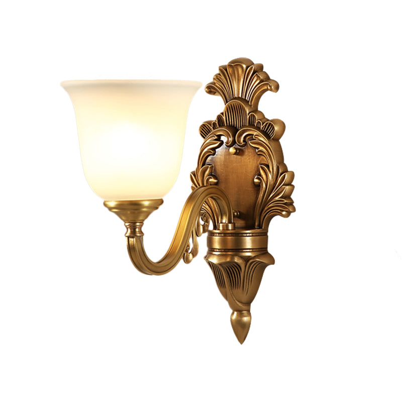 1/2-Bulb Bell Wall Mounted Light Traditional Style Milky Glass Sconce Lamp in Gold for Bedroom Clearhalo 'Wall Lamps & Sconces' 'Wall Lights' Lighting' 270188