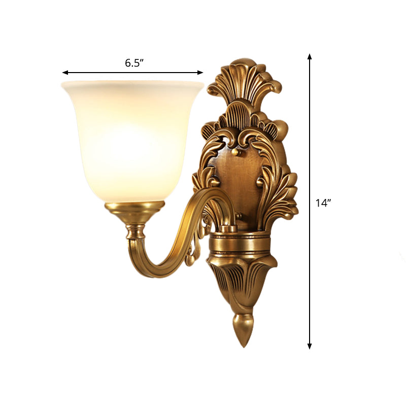 1/2-Bulb Bell Wall Mounted Light Traditional Style Milky Glass Sconce Lamp in Gold for Bedroom Clearhalo 'Wall Lamps & Sconces' 'Wall Lights' Lighting' 270189