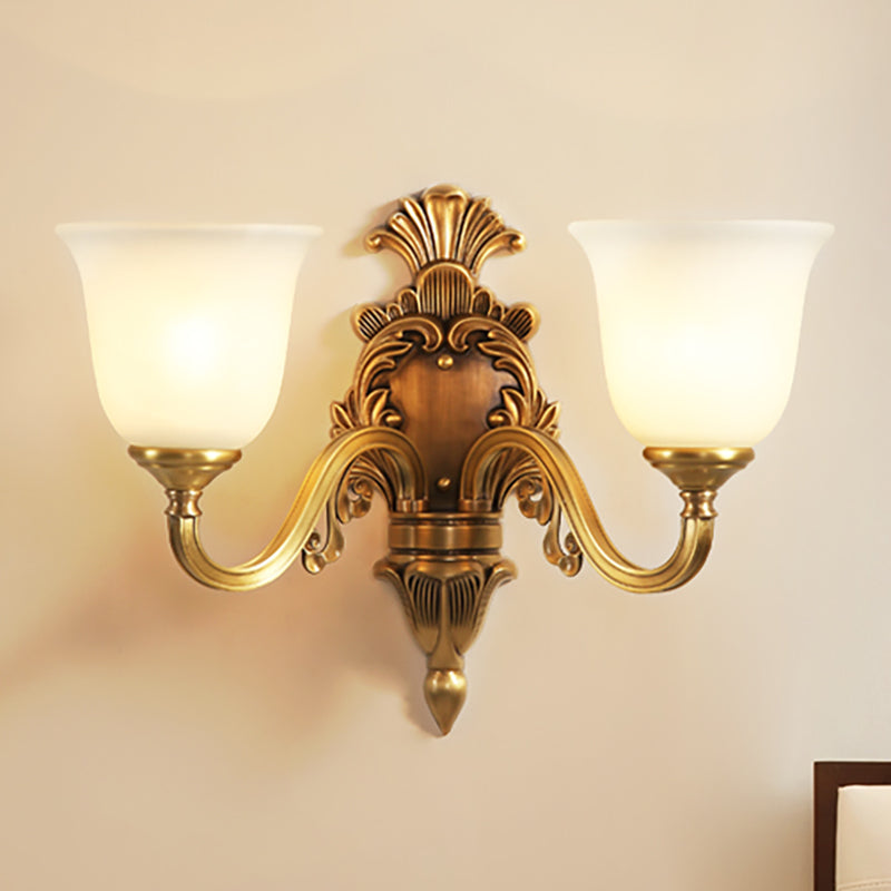 1/2-Bulb Bell Wall Mounted Light Traditional Style Milky Glass Sconce Lamp in Gold for Bedroom 2.0 Gold Clearhalo 'Wall Lamps & Sconces' 'Wall Lights' Lighting' 270190