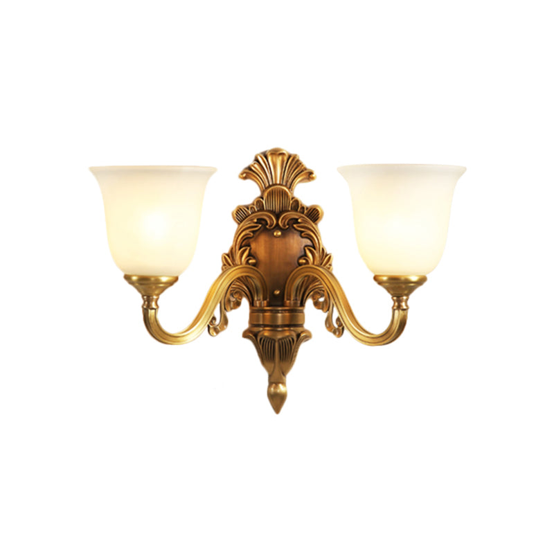 1/2-Bulb Bell Wall Mounted Light Traditional Style Milky Glass Sconce Lamp in Gold for Bedroom Clearhalo 'Wall Lamps & Sconces' 'Wall Lights' Lighting' 270193