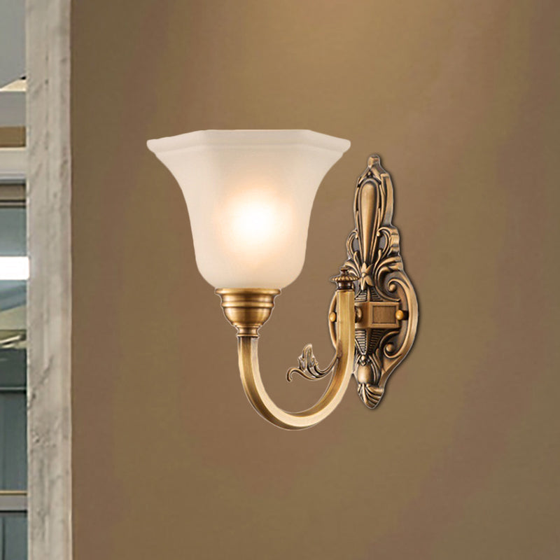 Vintage Curved Wall Mount Lamp 1/2-Head Brass Metallic Wall Sconce Light with White Glass Bell Shade 1.0 Brass Clearhalo 'Wall Lamps & Sconces' 'Wall Lights' Lighting' 270215