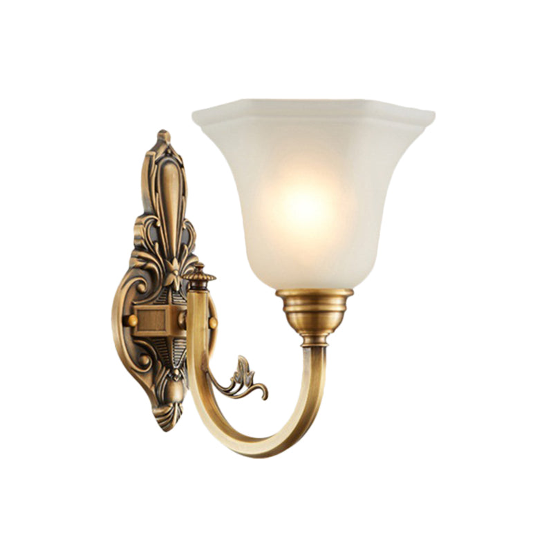 Vintage Curved Wall Mount Lamp 1/2-Head Brass Metallic Wall Sconce Light with White Glass Bell Shade Clearhalo 'Wall Lamps & Sconces' 'Wall Lights' Lighting' 270218