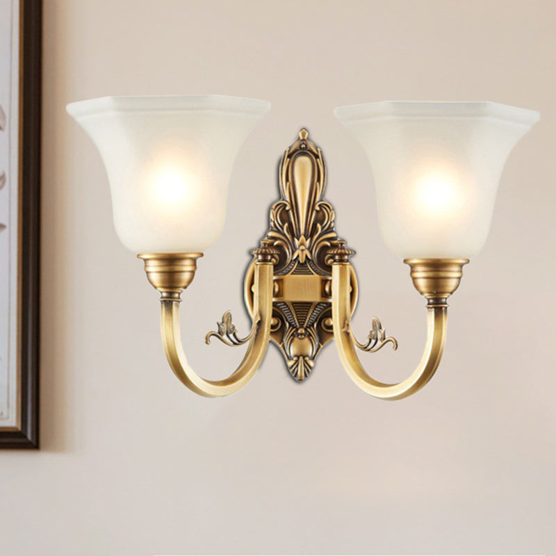 Vintage Curved Wall Mount Lamp 1/2-Head Brass Metallic Wall Sconce Light with White Glass Bell Shade 2.0 Brass Clearhalo 'Wall Lamps & Sconces' 'Wall Lights' Lighting' 270220