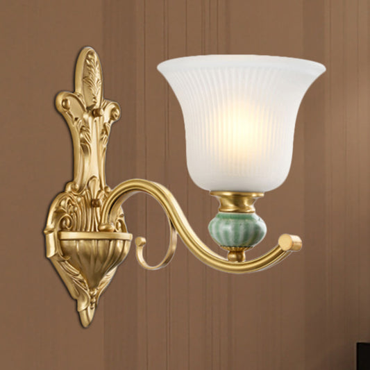 Modern Style Bell Wall Mount Light 1/2-Bulb Frosted Glass Wall Light with Golden Curved Arm and Ceramic Deco Clearhalo 'Wall Lamps & Sconces' 'Wall Lights' Lighting' 270226