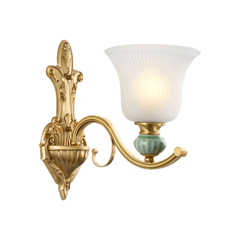 Modern Style Bell Wall Mount Light 1/2-Bulb Frosted Glass Wall Light with Golden Curved Arm and Ceramic Deco Clearhalo 'Wall Lamps & Sconces' 'Wall Lights' Lighting' 270228