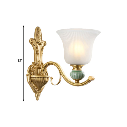 Modern Style Bell Wall Mount Light 1/2-Bulb Frosted Glass Wall Light with Golden Curved Arm and Ceramic Deco Clearhalo 'Wall Lamps & Sconces' 'Wall Lights' Lighting' 270229