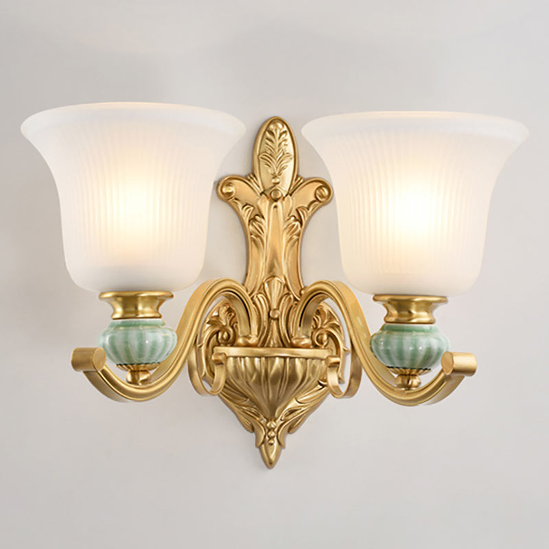 Modern Style Bell Wall Mount Light 1/2-Bulb Frosted Glass Wall Light with Golden Curved Arm and Ceramic Deco 2.0 Gold Clearhalo 'Wall Lamps & Sconces' 'Wall Lights' Lighting' 270231