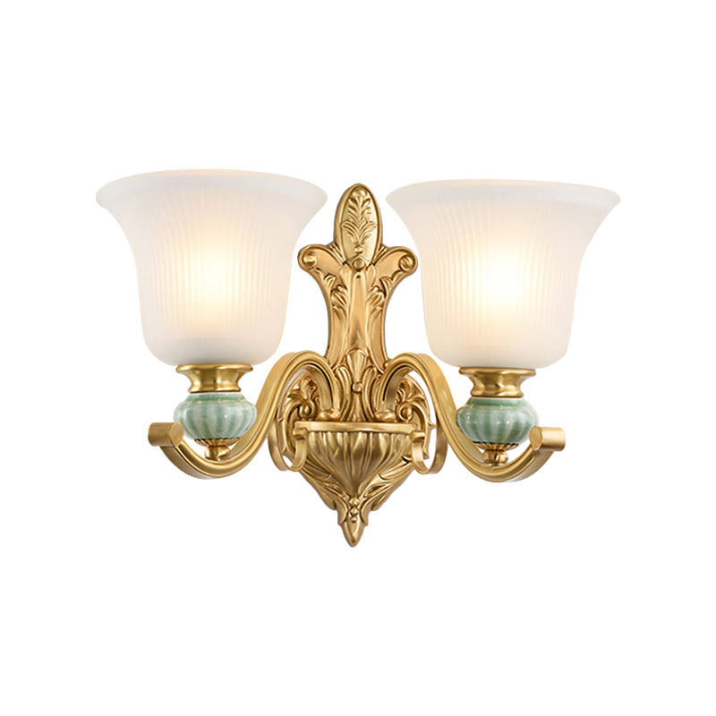 Modern Style Bell Wall Mount Light 1/2-Bulb Frosted Glass Wall Light with Golden Curved Arm and Ceramic Deco Clearhalo 'Wall Lamps & Sconces' 'Wall Lights' Lighting' 270234