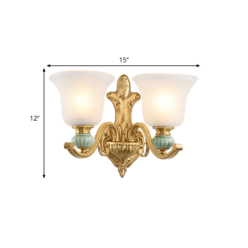 Modern Style Bell Wall Mount Light 1/2-Bulb Frosted Glass Wall Light with Golden Curved Arm and Ceramic Deco Clearhalo 'Wall Lamps & Sconces' 'Wall Lights' Lighting' 270235