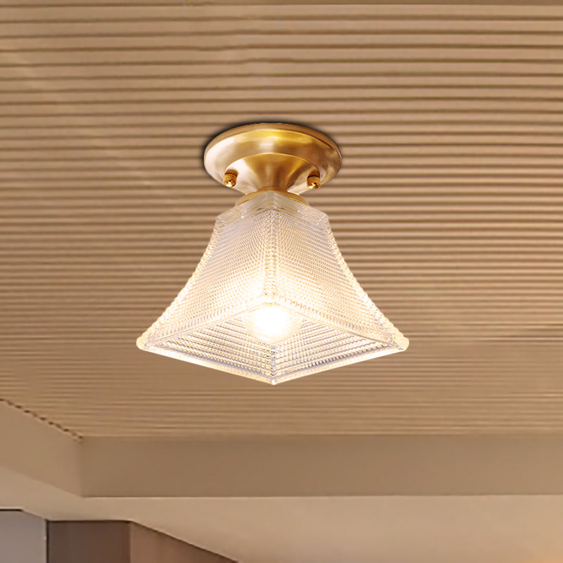 7.5"/8" W 1 Bulb Cone/Bell Ceiling Fixture Colonial Brass Clear Ribbed Glass Flush Mount Light for Hallway Brass 7.5" Clearhalo 'Ceiling Lights' 'Close To Ceiling Lights' 'Close to ceiling' 'Flush mount' Lighting' 270249